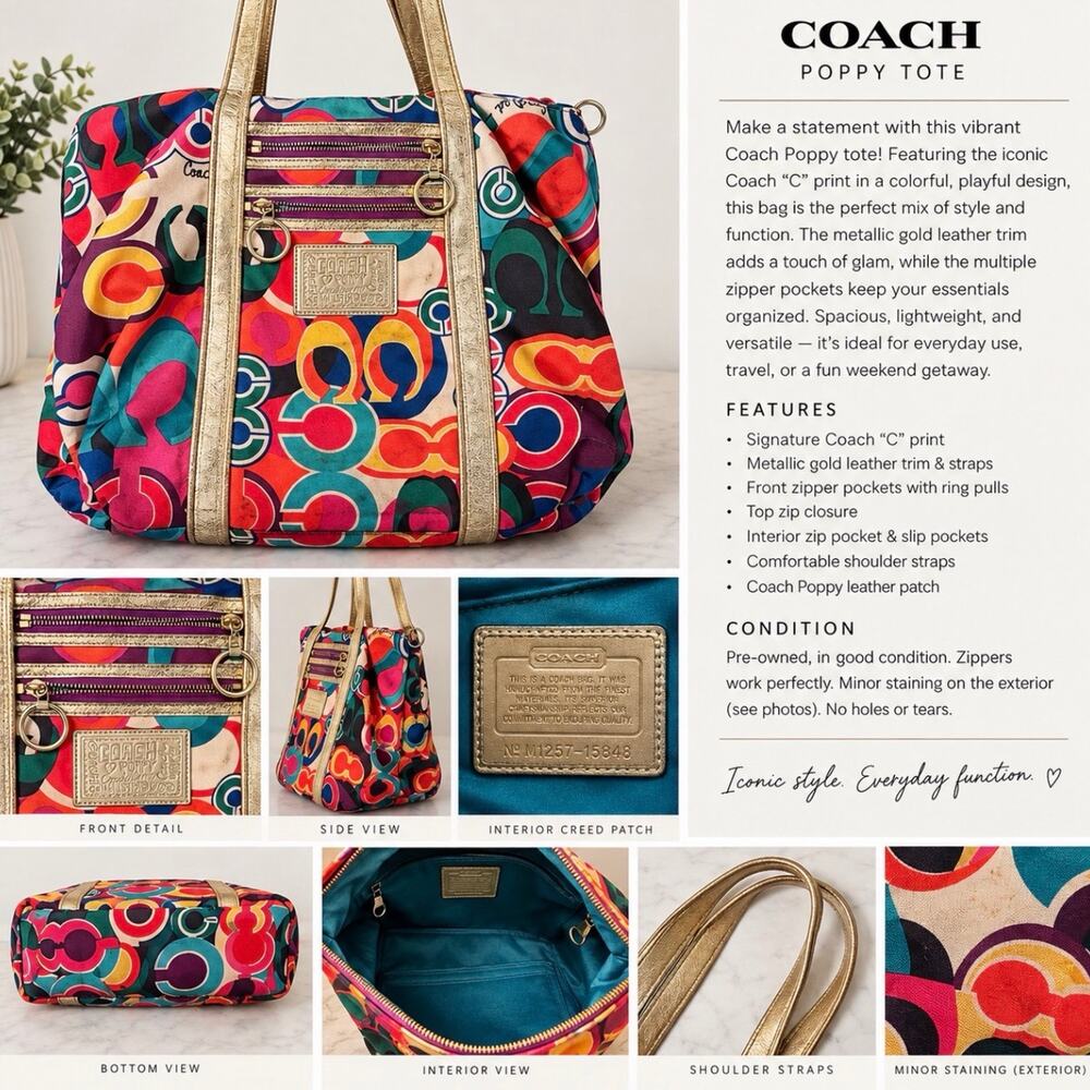 Coach Poppy Tote Bag Multicolor C Print Gold Trim
